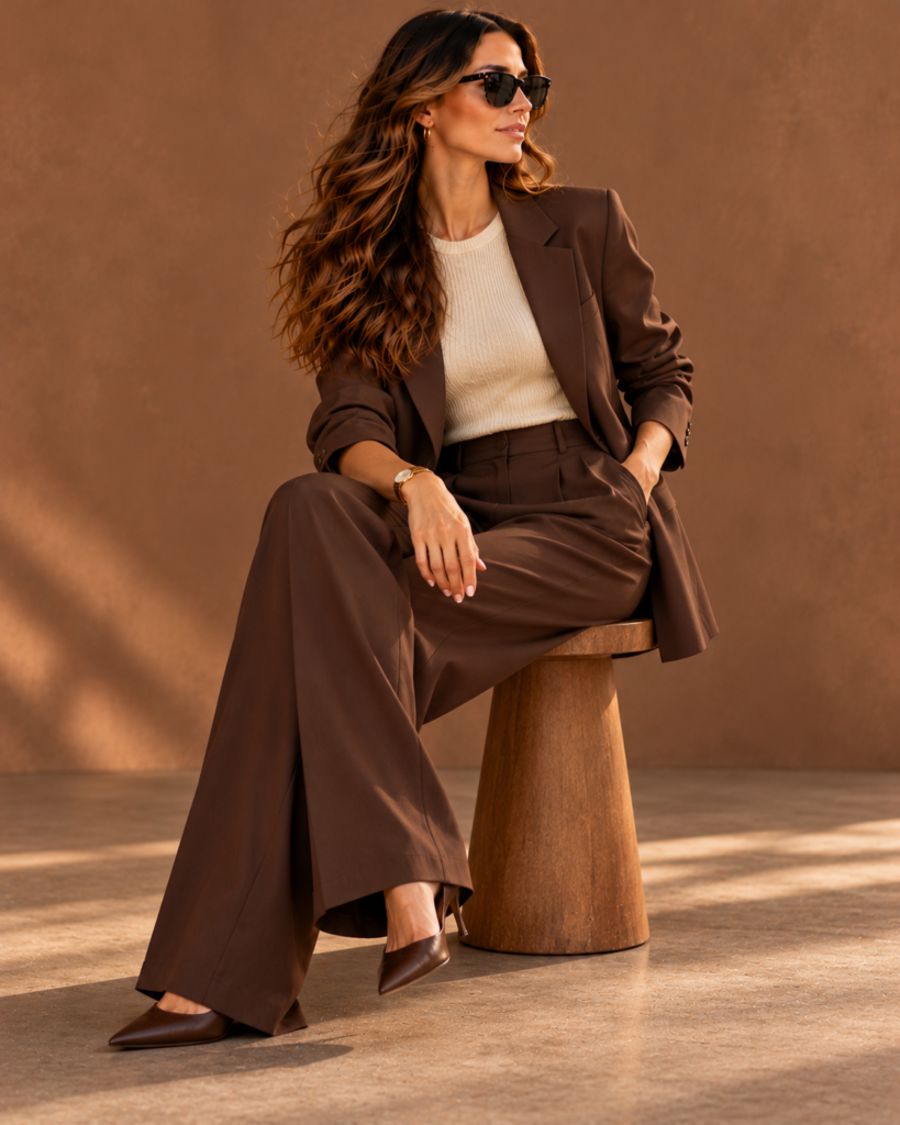 Chocolate brown oversized blazer and wide-leg trousers styled with a cream knit top